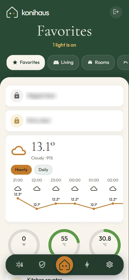 Konihaus-App: Favoriten mit Türen, Wetter und Heizung