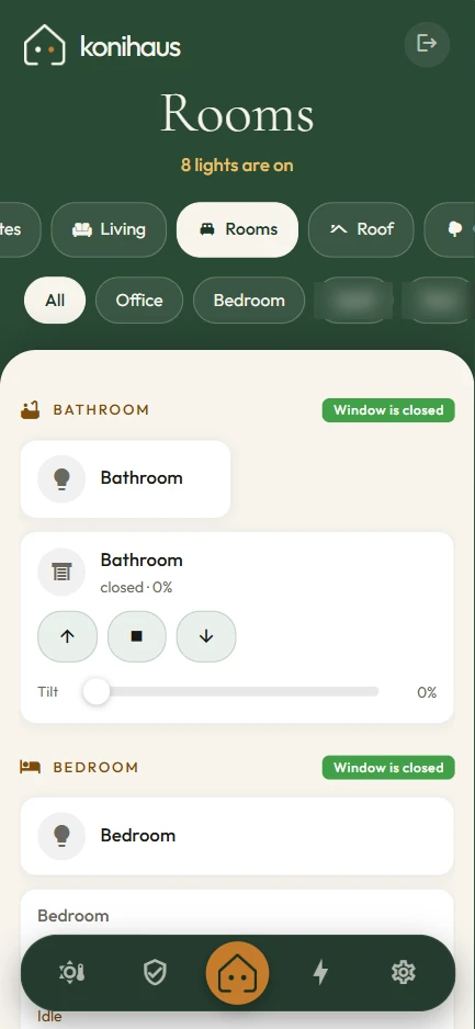 Konihaus-App: Räume mit Licht, Storen und Fenstern